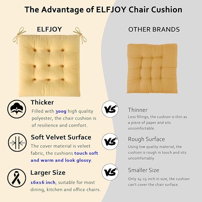 ELFJOY 4 Pack Chair Cushions for Dining Chairs Indoor Kitchen Seat Cushions with Ties Tufted Square Seat Pas for Kitchen Dining Office Room (16" Cream Yellow Velvet)