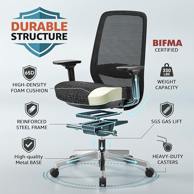 ErgoSift M2 Ergonomic Office Chair - High-Back Mesh Desk Chair with Adjustable Lumbar Support 4D Armrests for Long Hours Sitting Black