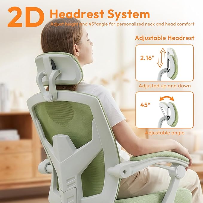 Home Office Desk Chair, Comfortable Mesh Computer Chair with Foot Rest, Reclining Gaming Chair with Headrest and Lumbar Support, 90°-130° Reclining, Green