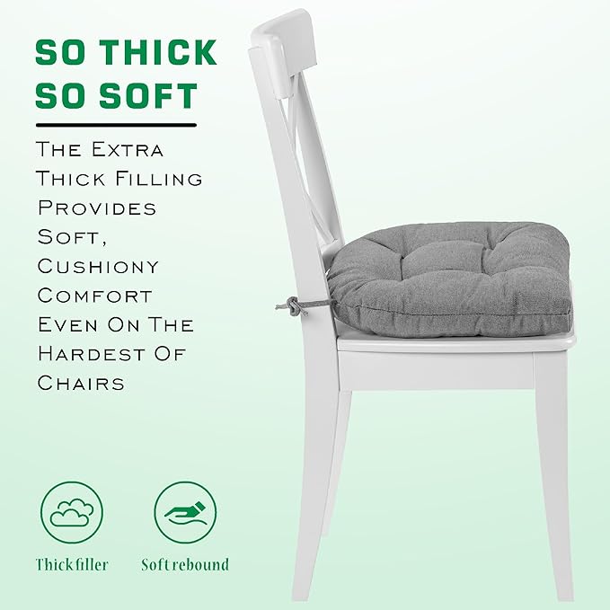 SQUARE MOON Chair Cushions for Dining Chairs, 3 Inch Thick Comfortable Kitchen Chair Pads, Dining Room Seat Cushions with Ties, Machine Washable, 17" x 16" x 3", 4/Pack, Light Grey