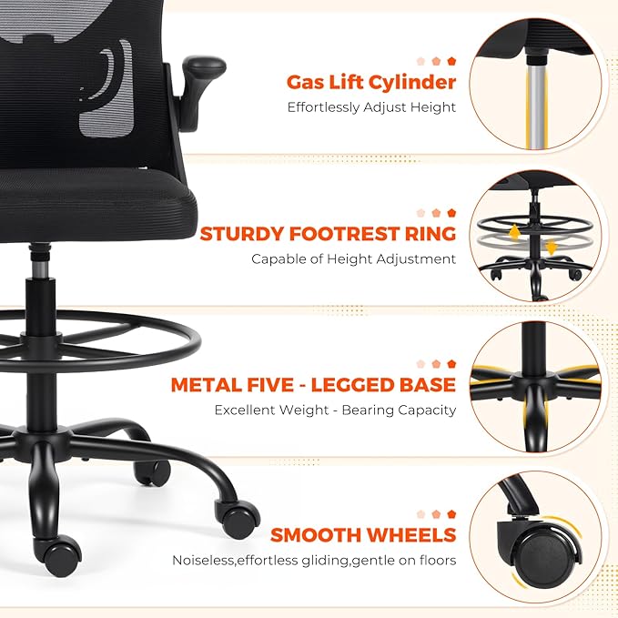 ECOTOUGE Tall Office Chair, Breathable Mesh Drafting Chair with Flip-up Armrests, Ergonomic Computer Standing Desk Chair with Adjustable Footrest Ring and Lumbar Support, Black