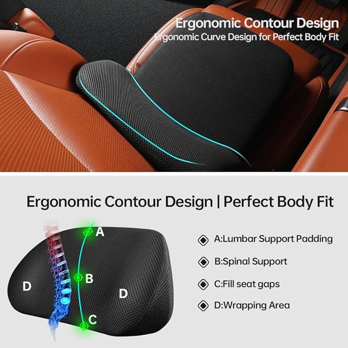 1P Car Lumbar Support with Ergonomic Structure, Suitable for Office Chairs, Gaming Chairs and Car Seats, Memory Foam Material with Breathable Mesh Fabric, Long-Lasting Lumbar Support