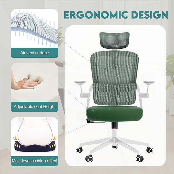 350 LBS Ergonomic Office Computer Mesh Chair - Adjustable Height Rolling Desk Chair with Flip-Up Armrests & High Back Support - Comfortable Swivel Task Chair for Home Office (01GREEN)