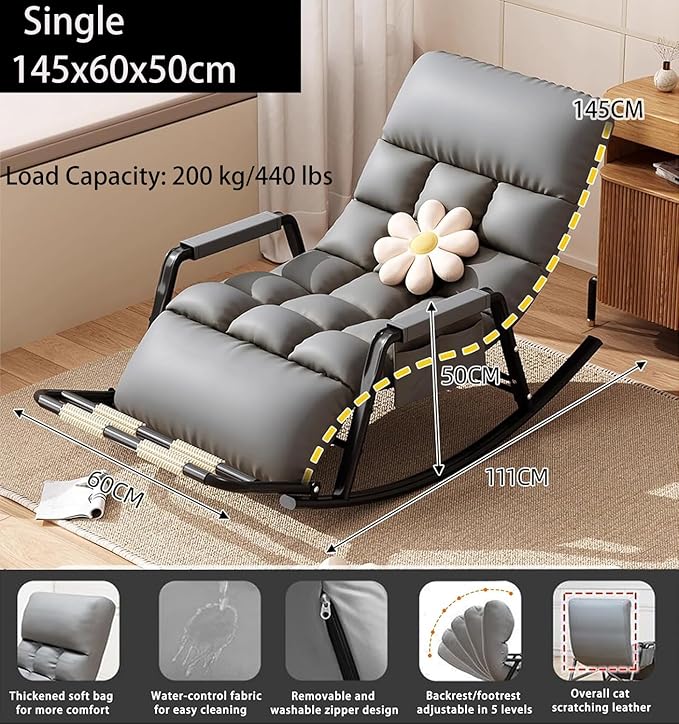 Oversized Rocking Chair-Winter/Summer Rocking Chair with Foot Rest，180° Adjustable with Removable Padding and Side Pockets， for Living Room Balcony Porch Patio