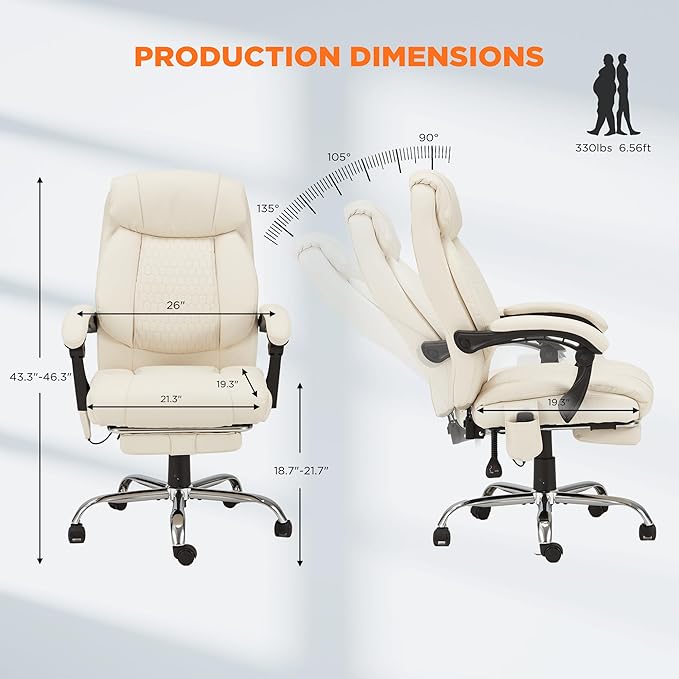 HOMREST Heated Office Chair with Vibrating Massage, Ergonomic Executive Desk Chair with Retractable Footrest and Lumbar Support, High-Back Reclining PU Leather Computer Chair for Home Office (Beige)