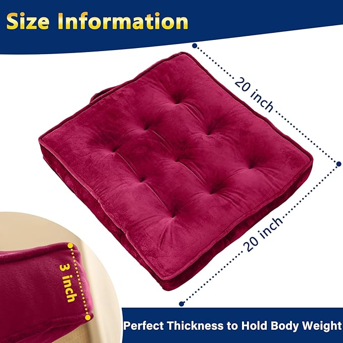 1 MIDDLE ONE Floor Pillow Set of 2, Memory Foam Meditation Cushion, Floor Cushions for Adults Sitting, Large Square Seat Cushions for Yoga, Living Room, 20x20 Inch (Burgundy)