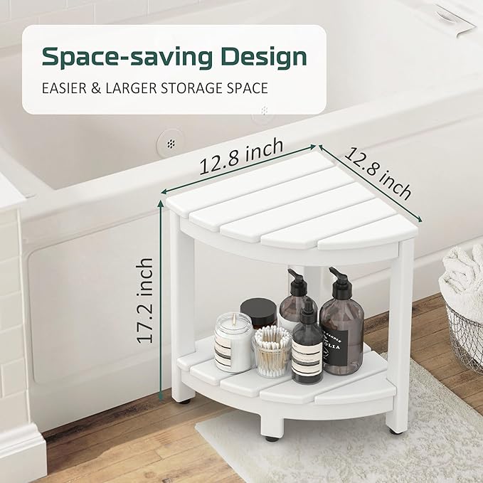 Corner Shower Stool for Inside Shower, HDPE Waterproof Shower Bench Seat Chair, Plastic Bath Shower Stool for Shaving Legs Foot Rest with Storage Shelf, Adjustable & Non-Slip Feet, White