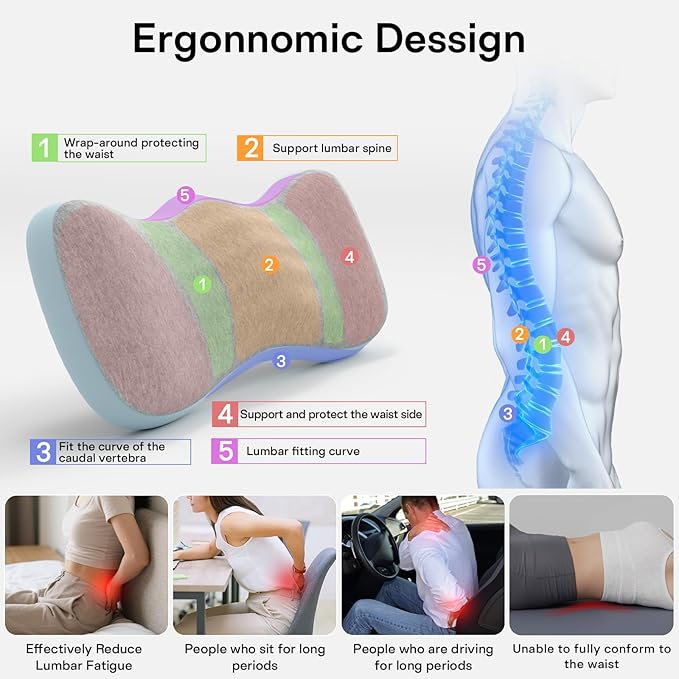 Lumbar Support Pillows for Bed, Lower Back Pillow for Sleeping, Memory Foam Waist Pain Relief Pillows, Lumbar Pillow for Sleeping, Bed, Car, Couch (Grey Blue)