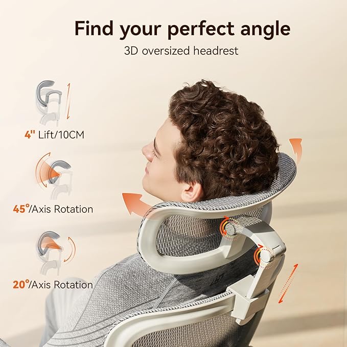 SIHOO B100 PRO Mesh Office Chair with Footrest, Ergonomic Office Chair with Adaptive Lumbar Support, Desk Chair with Wide Headrest, Computer Chair with 360° Rotatable Flip-Up Armrests, Light Grey