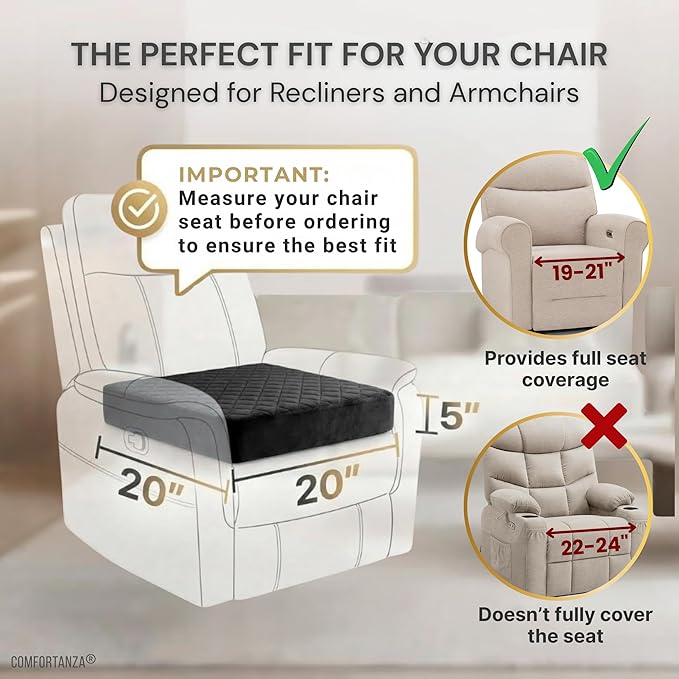 Medium-Soft 20x20x5 Memory Foam Recliner Chair Seat Cushion for Long Sitting - Armchair Pad with Washable Velvety Cover with Waterproof Layer & Non-Slip Base for Seniors & Elderly - Black