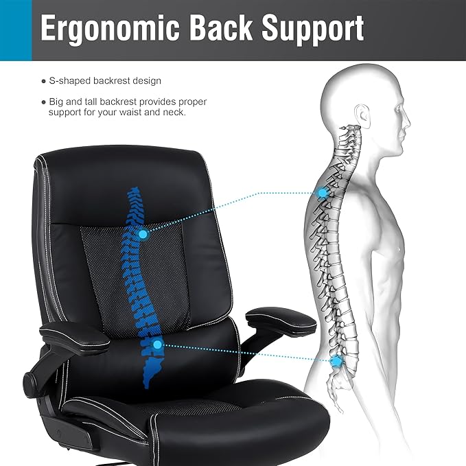 Ergonomic Big and Tall Office Chair, 500LBS PU Leather Executive Desk Chair with Lumbar Support and Flip-up Armrests, High Back, for Home and Office, Black