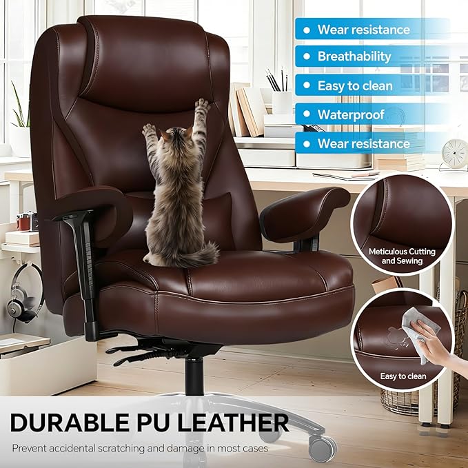 Big and Tall Office Desk Chair with 5-Position Armrests, 650 LBS Heavy Duty Executive Office Chair Comfy, Extra Wide Seat, High Back Computer Chair with Lumbar Support, Reclining Tilt Lock (Brown)