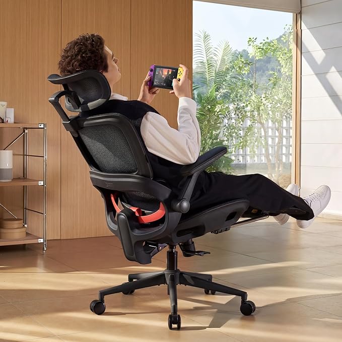 SIHOO B100 PRO Mesh Office Chair with Footrest, Ergonomic Office Chair with Adaptive Lumbar Support, Desk Chair with Wide Headrest, Computer Chair with 360° Rotatable Flip-Up Armrests, Light Black