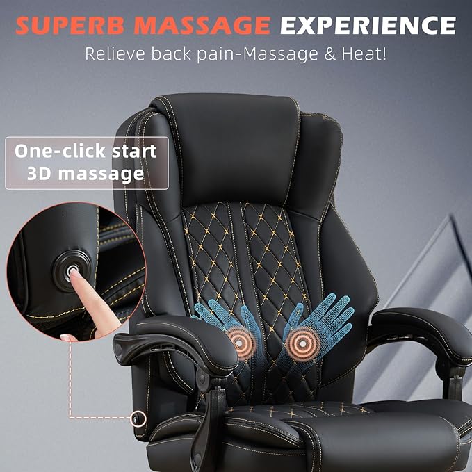 Massage Office Chair with Foot Rest, Dual Kneading Lumbar Massage Ergonomic Office Chair, 500LBS Big and Tall Reclining Desk Chair with Pet Scratch-Resistant Leather and Pillow for Home Office