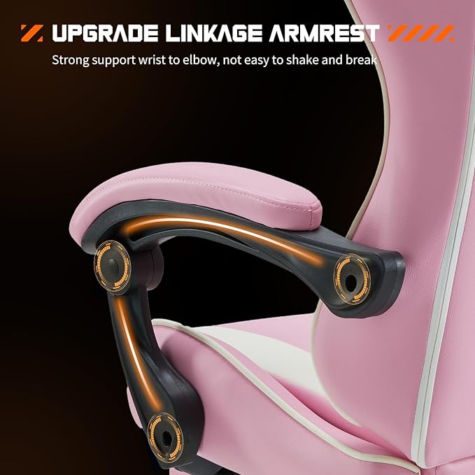 DUMOS Gaming Office Desk Chair with Footrest and Headrest for Adults, PU Leather Ergonomic Video Computer Chair with Linkage Armrests, Height Adjustable 360° Swivel Recling Chair, New Pink