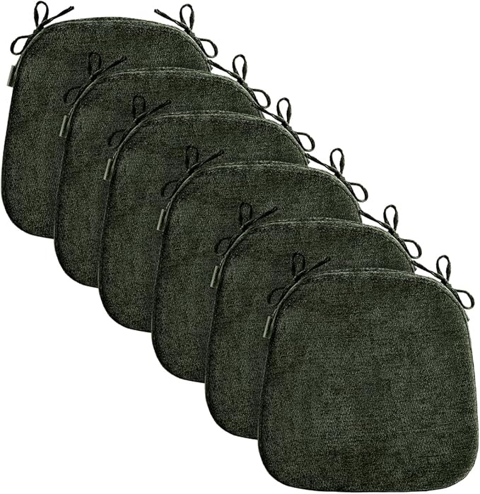 D-Shaped Chair Cushions for Dining Chairs, 2.5” Thick Chair Pads with Washable Comfortable Textured Cover, Non Slip Kitchen Chair Cushions with Ties, 16.5" x 16.5", 6 Pack, Green
