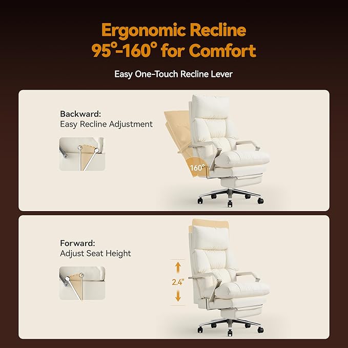 OKUP® M76 Recline Office Chair with Footrest, 160° Infinite Reclining 10" Thick Executive Desk Chair, 420lb Heavy Duty Big and Tall, Adjustable Seat Depth, Cream