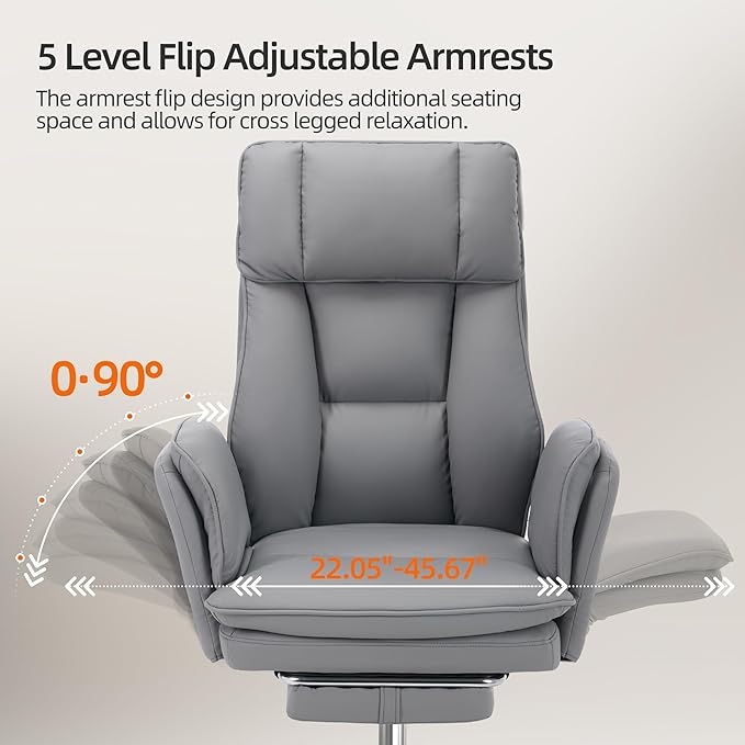 TonghuaS Criss Cross Office Desk Chair with Foot Rest and Flip Armrests for Pets Friendly & Extra Space, Comfortable Ergonomic Reclining Gaming Computer Chair with Lumbar Pillow(Faux Leather Grey)