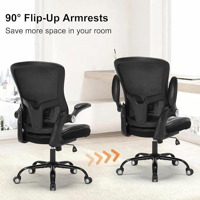 Ergonomic Office Chair, Adjustable Flip-Up Armrest Desk Chair with Lumbar Support, 360° Swivel Breathable Mesh Computer Chair, Adjustable Height Executive High Back Office Chair for Home Office