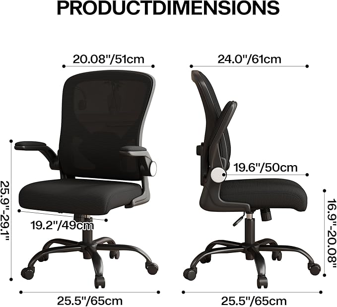 Office Chair, Ergonomic Desk Chair with Adjustable Lumbar Support Flip-up Arms,Comfortable Swivel Mesh Back Computer Chair Executive Task Chair for Home Office Use (Black)