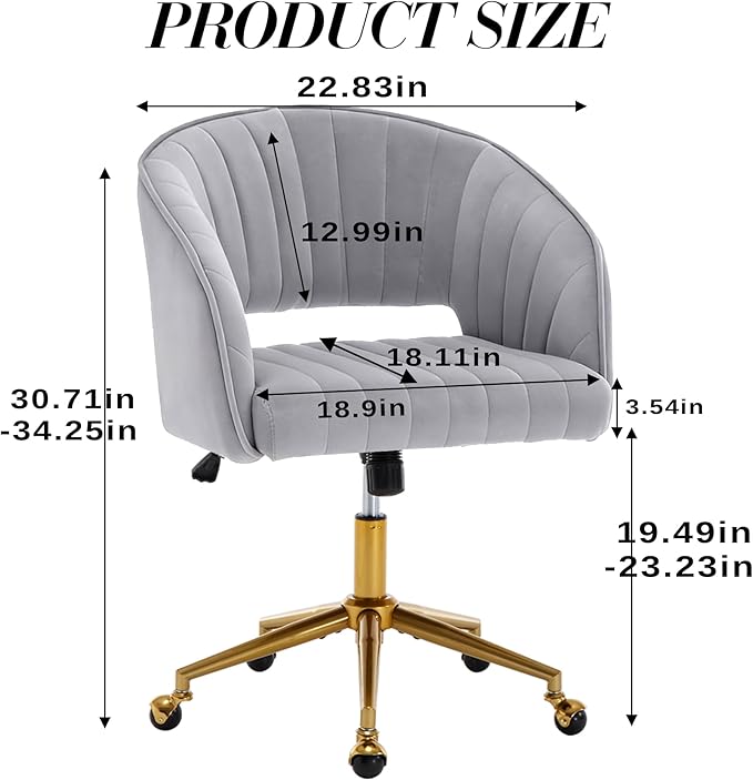 Home Office Chair Swivel Velvet Desk Chair Accent Armchair Upholstered Modern Tufted Chairs with Gold Base for Girls Women Ergonomic Study Seat Computer Task Stools for Living Room(Light Gray)