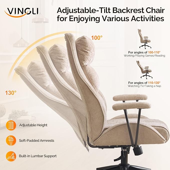 VINGLI Chenille Executive Ergonomic Fabric Office Chair with 100-130° Recline, High-Back Desk Chair with Adjustable Base & Padded Back & Wheels, Comfy Chair for Gaming,Computer,Home Office,Light Khaki