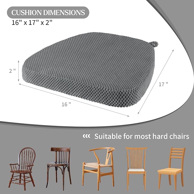 2 Pack Dark Grey Chair Cushions with Ties Removable Covers, D-Shape Dining Kitchen Chair Seat Pads Non Slip 17"x16"
