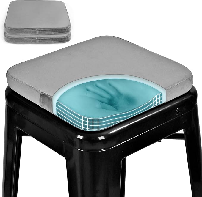 SINOSSO Magnetic Memory Foam Metal Stool Cushions Set of 2, Luxury Velvet Bar Cafe Stackable Chair Seat Pads, Non-Slip & Washable (Square, Gray, 2)