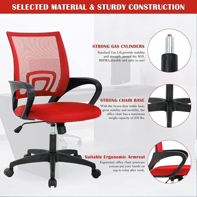Office Chair, Desk Chair with Lumbar Support Arms, Adjustable Computer Chair with Breathable Mesh Backrest, Home Office Desk Chairs for Student, Adults, Study, Dorm, Comfortable Office Chair(Red)