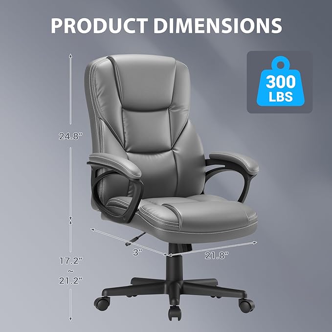 Shahoo Ergonomic Office Chair Executive PU Leather Chair with Comfortable Head Rest, Thickened Cushioned Armrest and Lumbar Support for Office & Home, Grey