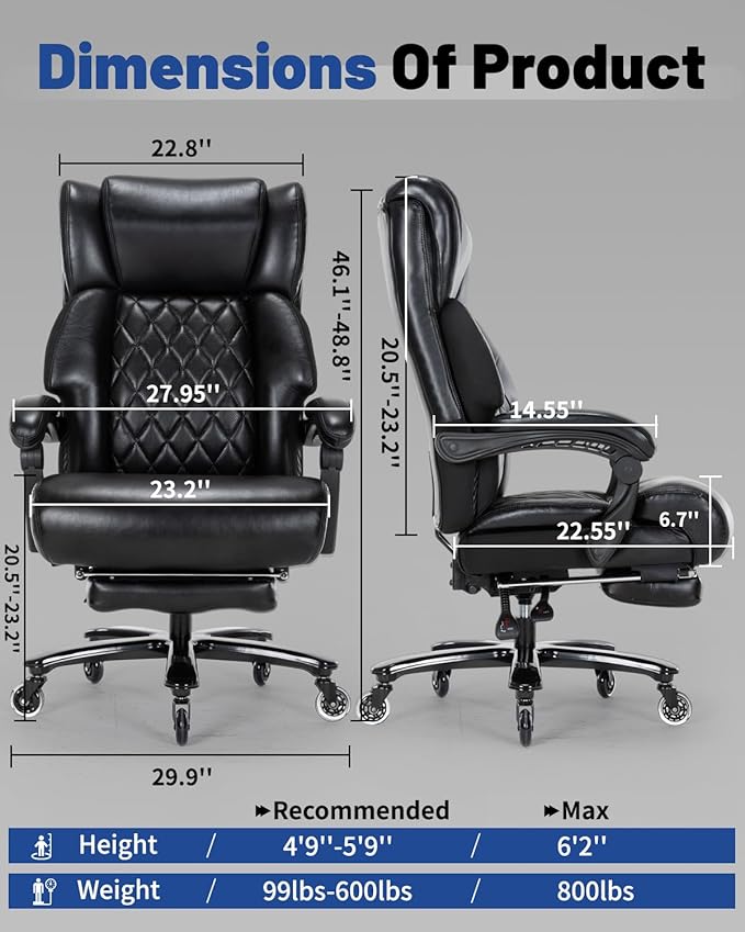800lbs Big and Tall Office Chair, Reclining Office Chair with Foot Rest, Desk Chair for Heavy People, Large Computer Desk Chair, Heavy Duty Office Chair with Quiet Rubber Wheel and Extra Wide seat