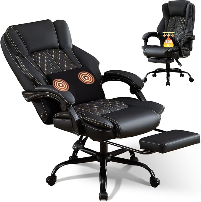 Massage Office Chair with Foot Rest, Dual Kneading Lumbar Massage Ergonomic Office Chair, 500LBS Big and Tall Reclining Desk Chair with Pet Scratch-Resistant Leather and Pillow for Home Office