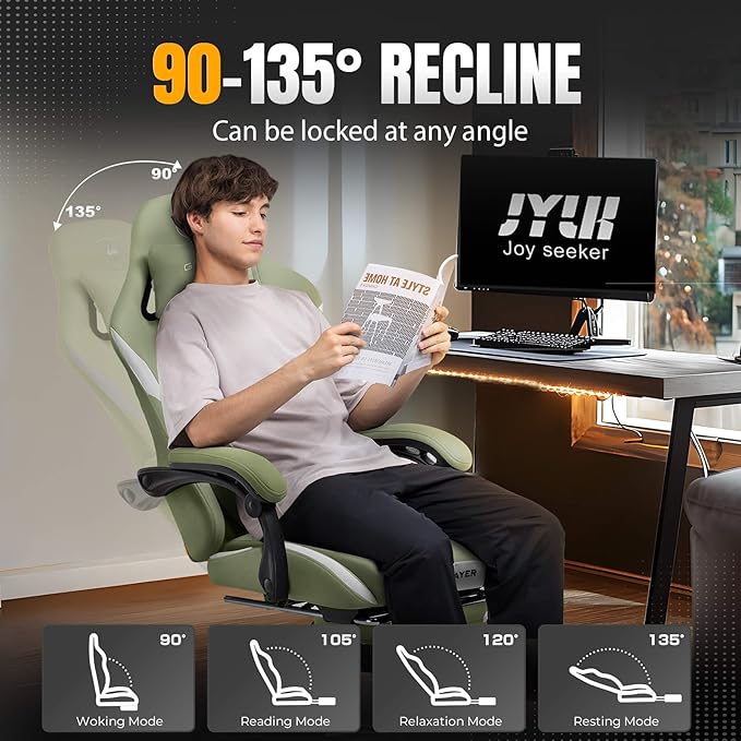 GTPLAYER Gaming Chair with Foot Rest & Pocket Spring Cushion, Ergonomic High Back Computer Desk Chair with Headrest & Lumbar Support for Back Pain Relief, Breathable Fabric, Green