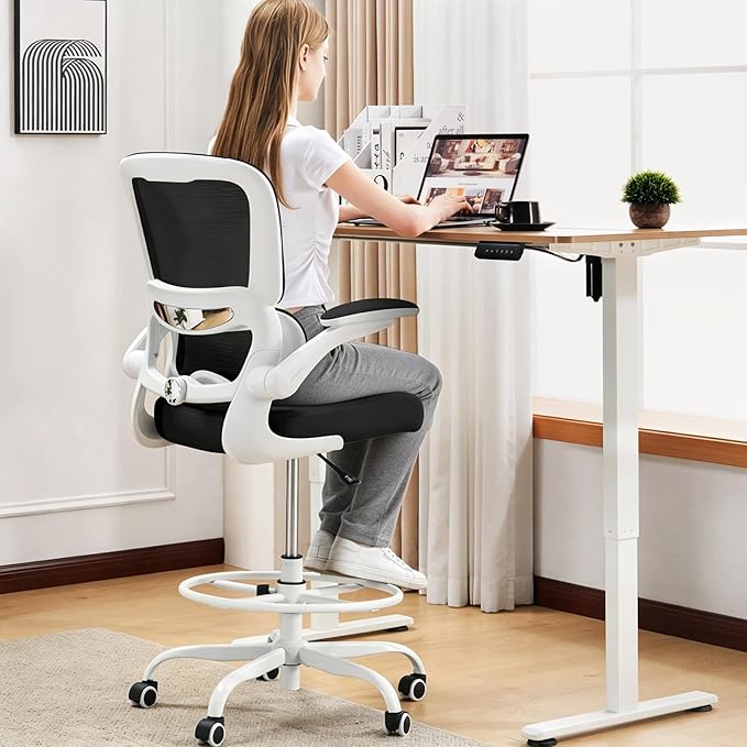 TRALT Drafting Chair - Tall Office Chair with Adjustable Footrest Ring and Lumbar Support Ergonomic Tall Desk Chair - Mesh Stangding Desk Chair with Flip-Up Armrests for Home and Work (Black White)
