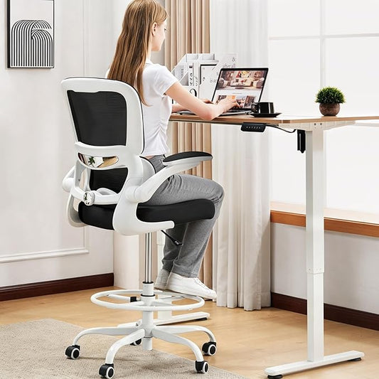TRALT Drafting Chair - Tall Office Chair with Adjustable Footrest Ring and Lumbar Support Ergonomic Tall Desk Chair - Mesh Stangding Desk Chair with Flip-Up Armrests for Home and Work (Black White)