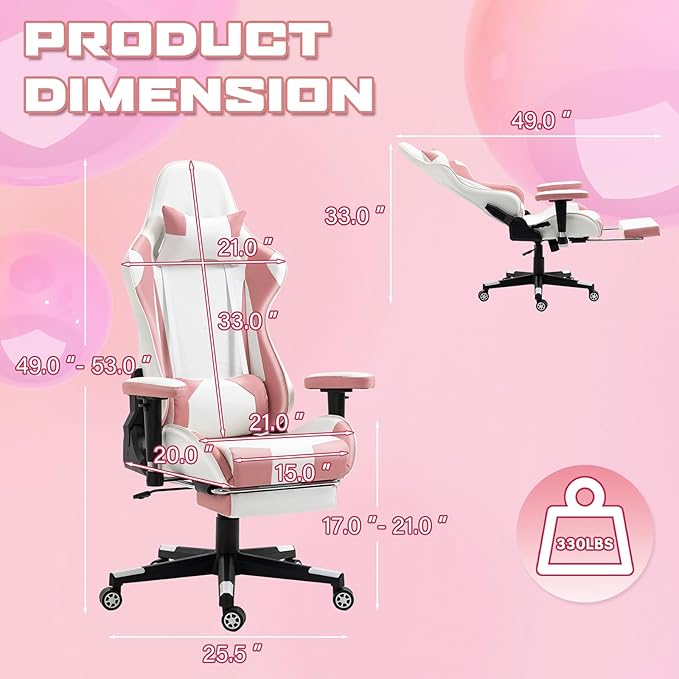 ECOTOUGE PC Gaming Chair with Footrest Ergonomic Office Desk Chair Racing Leather Recliner Swivel Rocker with Headrest and Lumbar Pillow for Girls, Pink-White