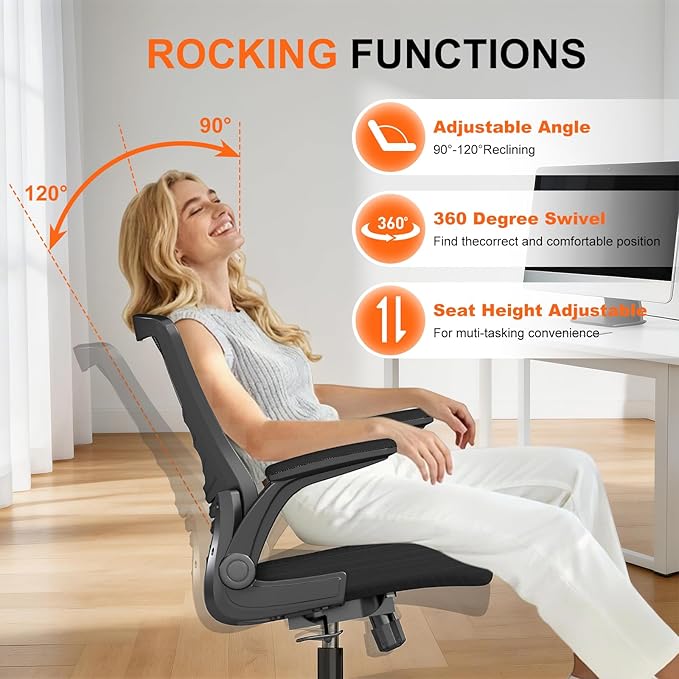 Ergonomic Office Chair – Comfy Mesh Desk Chair with Flip-Up Armrests & Smooth-Rolling Caster, Adjustable Height Home Computer Chair, Breathable & Supportive for Long Hours Sitting