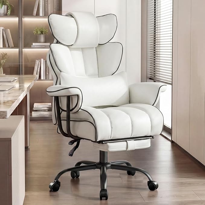 Furniliving Big and Tall Executive Office Chair- Ergonomic, Reclining Desk Chair with Footrest Lumbar Pillow, Height Adjustable Back Leather Chair for Home Office, Pure White