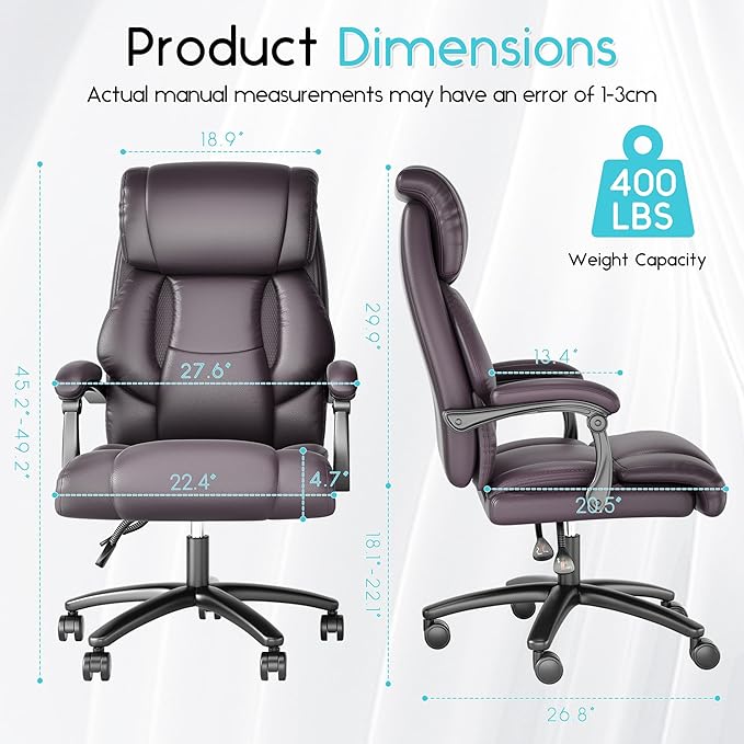 Ollega Reclining Office Chair, Executive Big and Tall Office Chair with Wide Seat, Recliner Leather High Back Computer Desk Chairs (Brown)