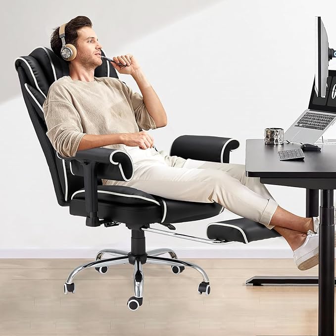 HOMREST 6-Point Massage Office Chair with Heat, Heated Reclining Executive Desk Chair with 155°Tilt Adjustable Armrests, Ergonomic High Back Computer Chair for Home Office, Black and White