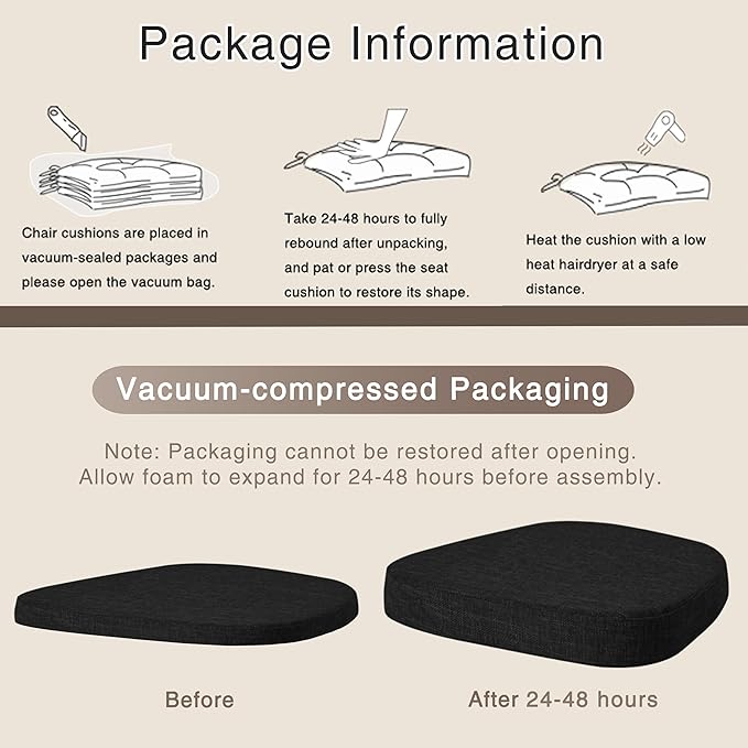 OVOV 14x14 Chair Cushions for Metal Dining Chairs Set of 4 Non Slip Thick Textured Chair Pads for Dining Chairs with Ties and Removable Cover (4, Black)