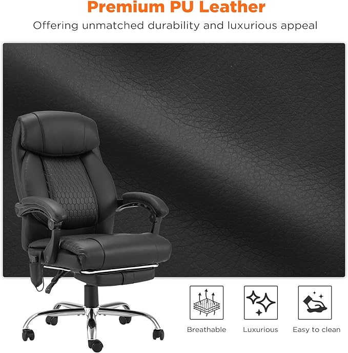 HOMREST Heated Office Chair with Vibrating Massage, Ergonomic Executive Desk Chair with Retractable Footrest and Lumbar Support, High-Back Reclining PU Leather Computer Chair for Home Office,Black