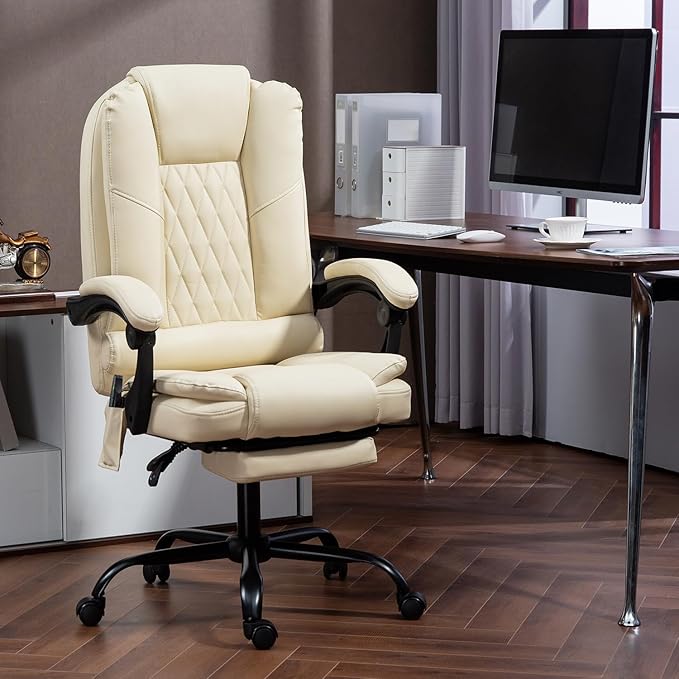 6-Point Heated Massage Office Chair with Footrest, Executive High Back PU Leather Computer Chair with Armrest & Reclining, Ergonomic Home Desk Chair with Lumbar Support, Beige