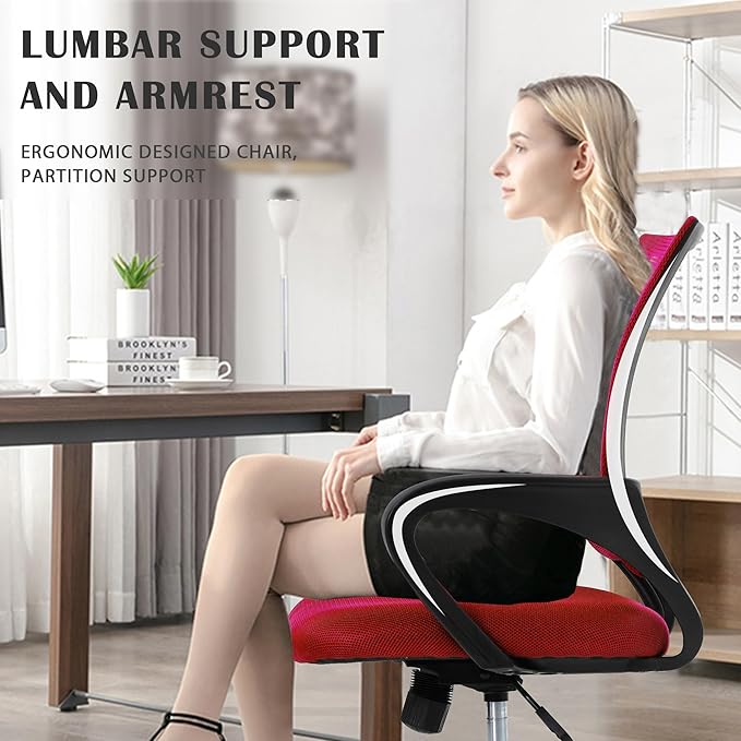 MKDLUFEI Office Chair, Ergonomic Cheap Desk Chair with Lumbar Support, Adjustable Mid Back Task Rolling Swivel for Home Office Student, Adults,Study, Red