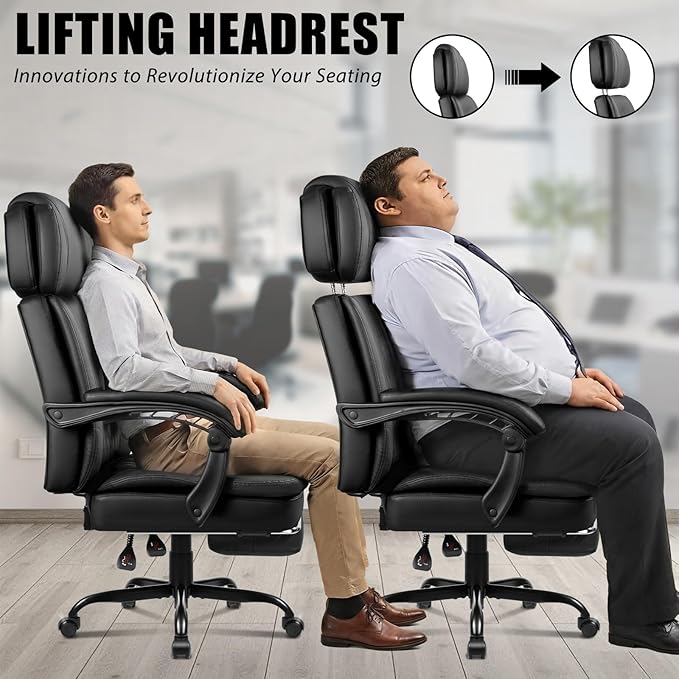 LEMBERI 400lbs Executive Office Chair with Foot Rest, Ergonomic Heavy Duty Big and Tall Desk Chair with Adjustable Headrest, High Back PU Leather Comfy Reclining Computer Chair
