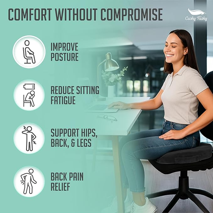 Cushy Tushy Premium Slim Foldable Travel Seat Cushion - for Relief of Lower Back, Sciatic, Butt and Tailbone Pain - for Home & Office Use, Perfect for Travel or Driving - Slim Coccyx Cushion - Black