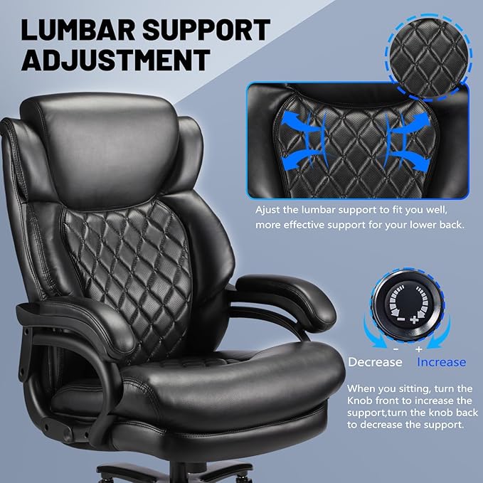 800lbs Big and Tall Office Chair, Executive Chair with Adjustable Headrest, High Back Extra Wide Seat, Heavy Duty PU Leather for Home Office, Comfortable Large Computer Desk Chair