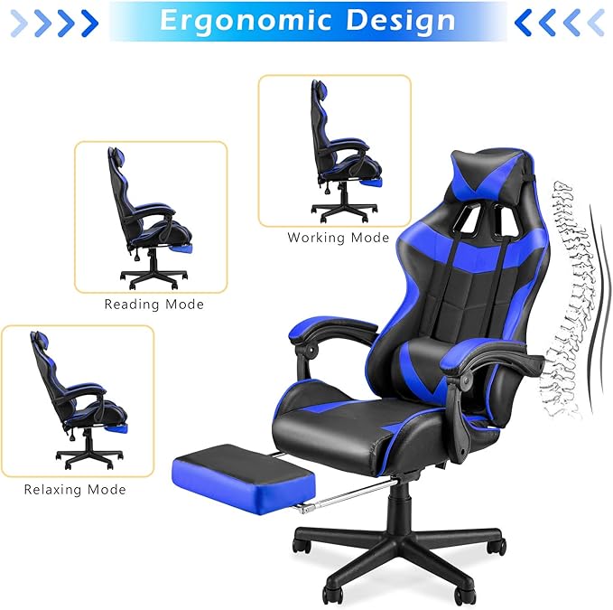 Soontrans Blue Gaming Chairs with Footrest,Ergonomic PC Computer Game Chair,Home Office Desk Chair with Headrest and Lumbar Support Gamer Chair for Adult