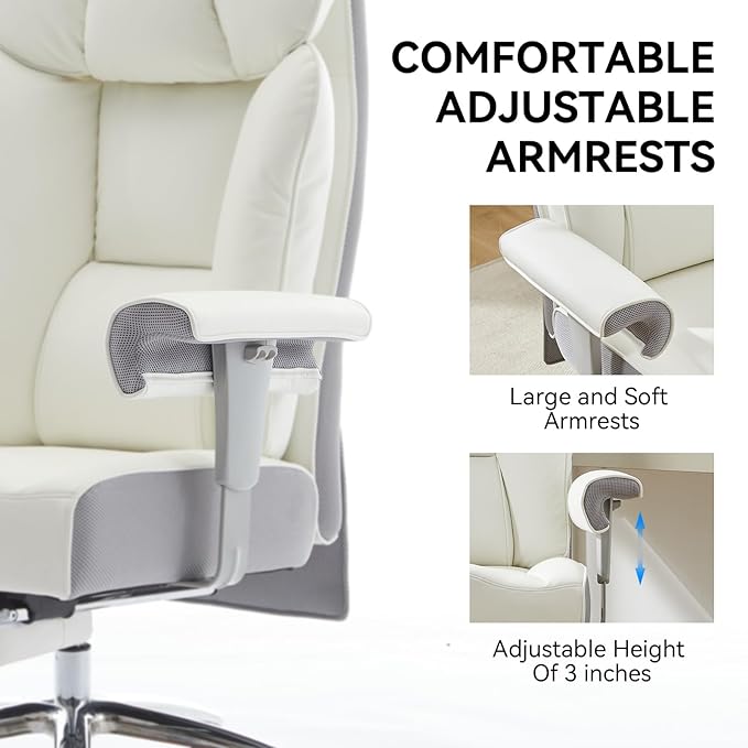 Efomao Big and Tall Office Chair 400lbs - Heavy Duty Executive Desk Chair with Foot Rest & 23" Wide Seat - High Back Ergonomic Leather Computer Chair for Heavy People, Home Office, White