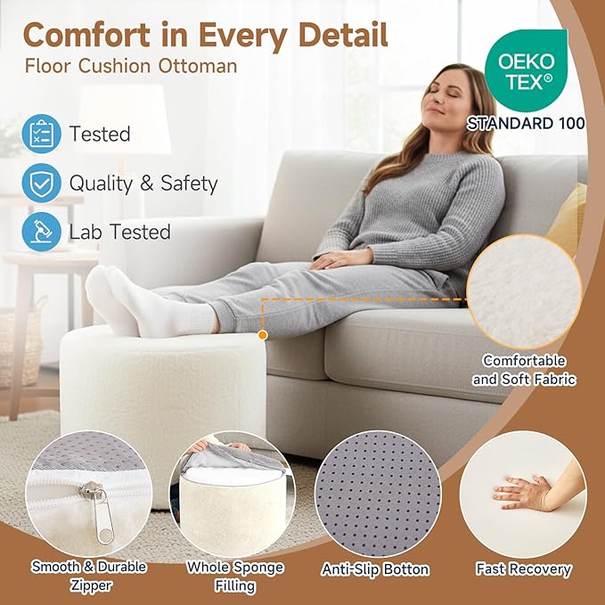Tiita Round Stuffed Pouf Ottoman, Plush Poufs with Foam Chunk Filling, Foot Rest Stool for Living Room, Cream